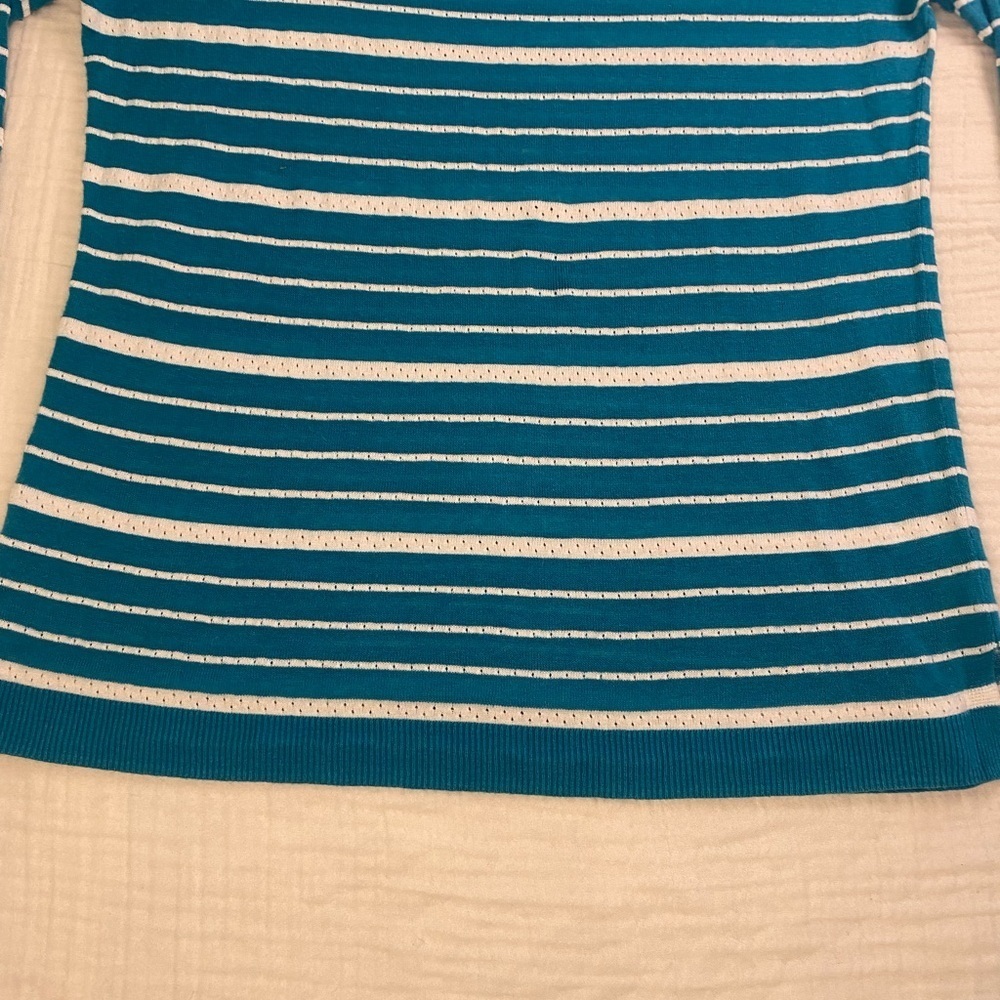 Talbots Sweater Shirt Teal Striped Linen Blend 3/4 Length Medium Petite Coastal - Picture 7 of 16